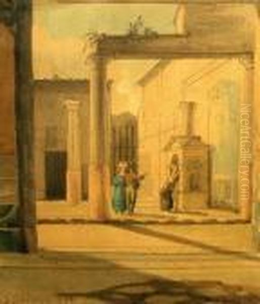 Figures Gathered AtA Well In An Italianate Courtyard Scene - view 1