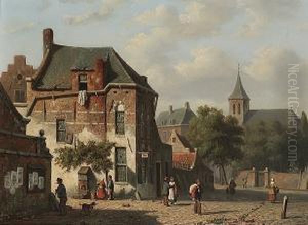 Dutch Town View With Figures Conversing - view 1
