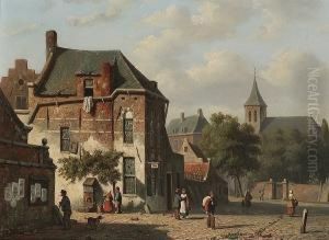 Dutch Town View With Figures Conversing
