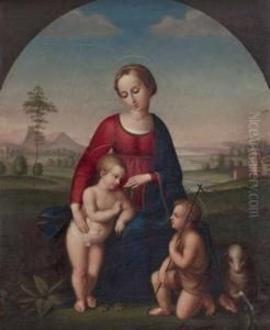 Madonna Mit Jesusund Johannesknaben In Landschaft by Johann Evangelist Scheffer Von Leonhardshoff