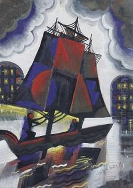 Boat With Red And Purple Sails - view 1