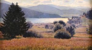 "landschap Met Bergmeer". Gesigneerd. by Lore Scheid