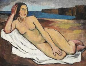 Liegender Weiblicher Akt Auf Weisem Tuch by Karl Scheld