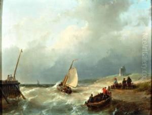 Vissersboten Voor Kust Met Vuurtoren