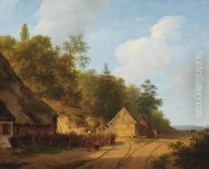 A Summer Landscape With Farmhouses Along A Sandy Track