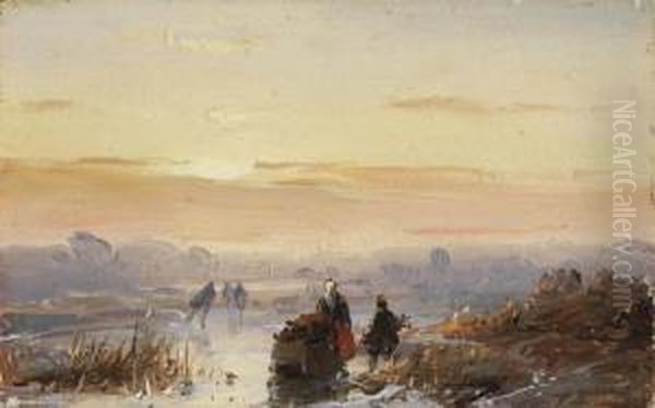 A Winter Landscape With Figures At Dusk - view 1