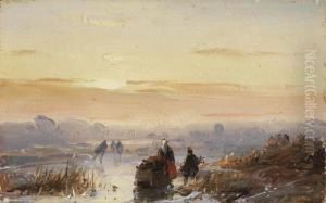 A Winter Landscape With Figures At Dusk by Andreas Schelfhout