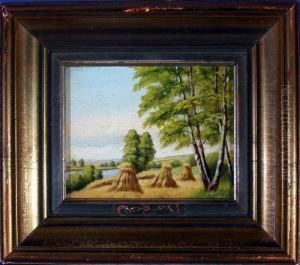 Landschaft Am See Mit Getreidehocken by Francis H. Schell