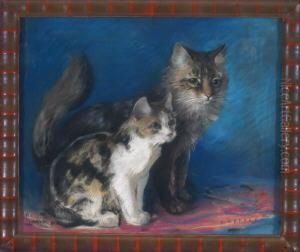 Katze Und Katzchen Vor Blauem Hintergrund by Karl Hermann Schellback