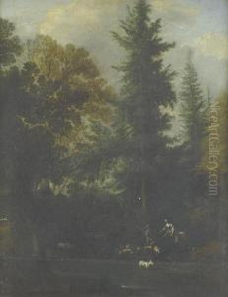 Peasants Watering Their Cattle In A Wooden Landscape - view 1