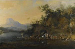 A River Landscape With Boatmen Loading Passengers And Horses On To A Ferry by Willem Schellinks