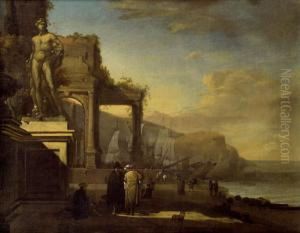 Hafenansicht Mit Antiken Ruinen Und Statue