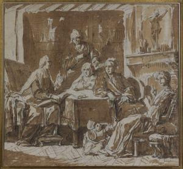Famille Et Leur Pretre Dans Un Interieur Bourgeois - view 1