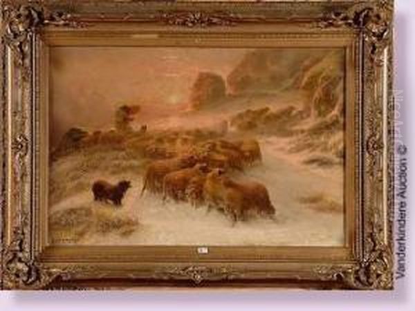 Berger Et Son Troupeau Sous La Neige Au Crepuscule - view 1