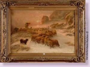 Berger Et Son Troupeau Sous La Neige Au Crepuscule by August Friedrich Schenck