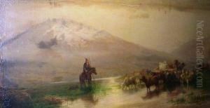 Cattle And Horsemen By An Alpine River by Martinus Christian Schenck