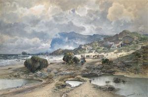Kustenlandschaft Mit Fischer In Der Bretagne by Jacques Matthias Schenker