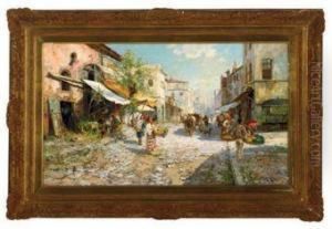 Merchants On A Busy Street by Jacques Matthias Schenker