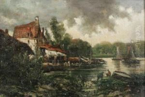 Water Landscape With Yachts And Fishermen At The Quay