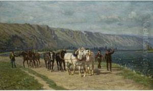 Treidlergespanne An Einem Flussufer by Cornelis Albertus Johannes Schermer