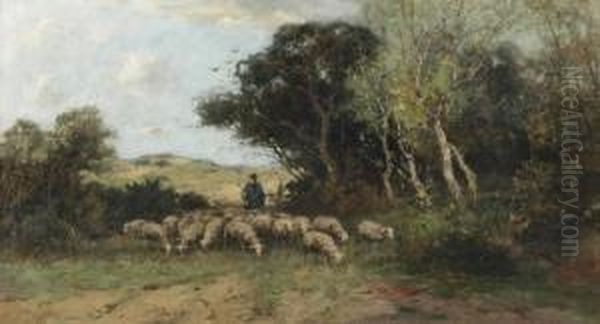 A Shepherd And His Flock In A Wooded Landscape - view 1