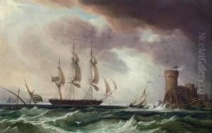 An English Frigate Arriving Off A Fortified Mediterraneanport by John Christian Schetky