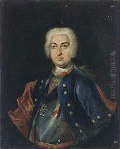 A Portrait Of A Nobleman, Half Length, Wearing A Blue Coat, A Red Shawl And A Wig