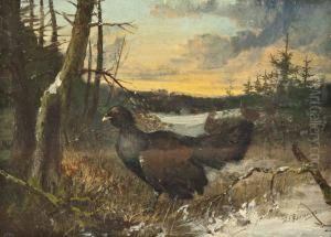 Auerhahn Und Hennen Im Winterwald by Julius Scheurer