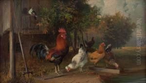 Hahn Mit Huhnern In Landschaft by Julius Scheurer