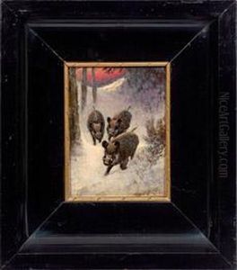 Wildschweinrotte Imabendlich Gestimmten Winterwald by Otto Scheuerer