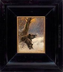 Zwei Wildschweine Inwinterlichem Wald by Otto Scheuerer