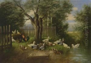 Enten Und Huhner Am Wasser by Otto Scheuerer
