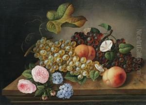 Black And Green Grapes, Peaches, Pink Roses And Other Flowers On A Stone Ledge by Th. Scheuerlein
