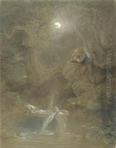 Nymph Bathing By Moonlight, Observed Bya Young Man by Caspar Johann Nepomuk Scheuren
