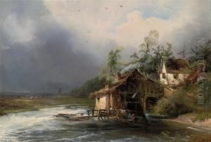 Figures At Work By A Watermill