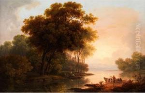 Baumlandschaft Mit Blick Auf Ein Seeuferim Diesigen Spatlicht by Franz Scheyerer