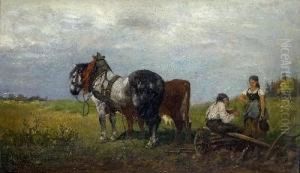Pflugende Bauern Bei Der Rast by Julius Schgoer