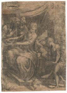 Heilige, Das Christuskind In Der Wiege Anbetend by Andrea Meldolla Schiavone