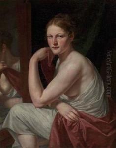 Sitzende Junge Frau In Antikisierendem Gewand Mit Ihrem Spiegelbild by Gottlieb Schick