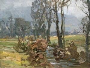 Landschaft Mit Hohen Baumen An Einem Bach by Karl Schickhardt