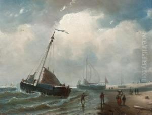 Barges On The Beach by Petrus Paulus Schiedges