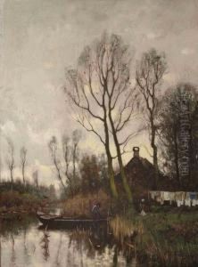 Daily Activities Along A River In An Autumn Landscape by Petrus Paulus Schiedges