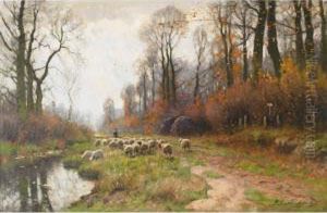 Shepherd And His Flock On A Country Lane