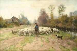 Shepherd With His Sheep, Paused Along A Track by Petrus Paulus Schiedges