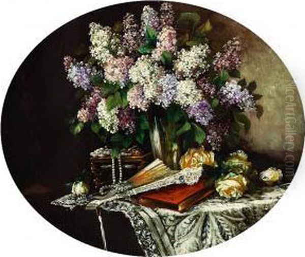 Life With Lilacs, Roses, Jewellery And A Book On A Table - view 1