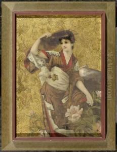 A Lady With A Fan On Gold Background by Franz Schier