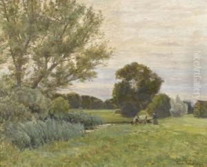 Wiesenpartie Mit Baumen Und Bauerin by Ernst Traugott Schiess