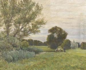 Wiesenpartie Mit Baumen Und Einer Bauerin. by Ernst Traugott Schiess