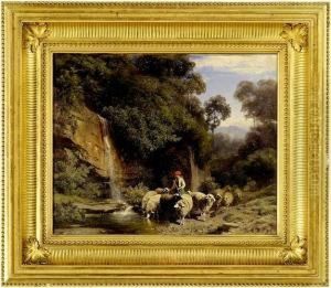 Hirtin Mit Schafherde Bei Wasserfall An Der Tranke by Traugott Schiess