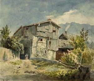 Hausergruppe Vor Bergkette Im Rheintal by Traugott Schiess